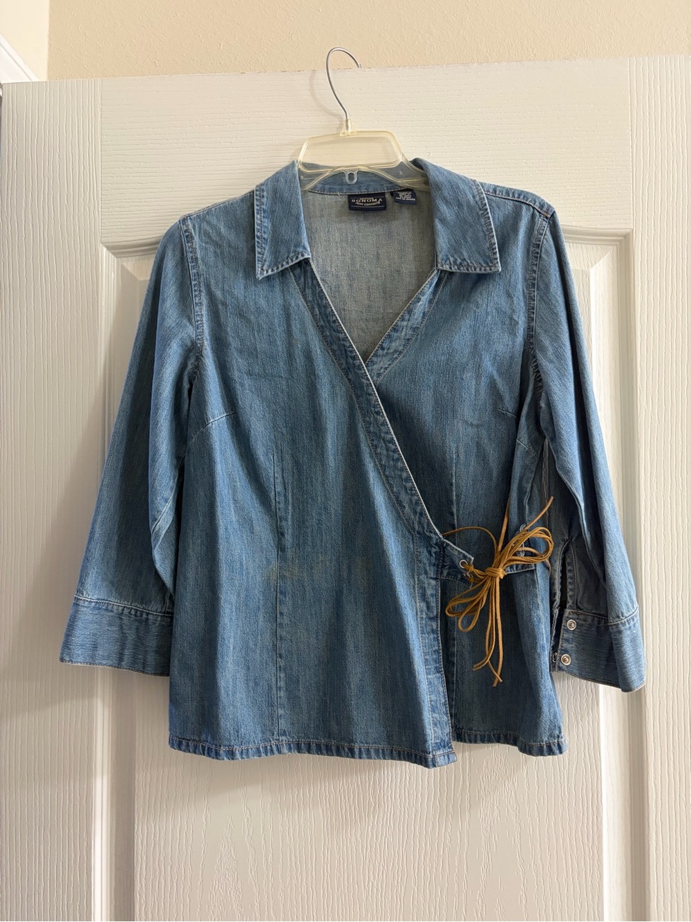 Sonoma Chambray Wrap Top Suede Tie Denim Blouse Size Small